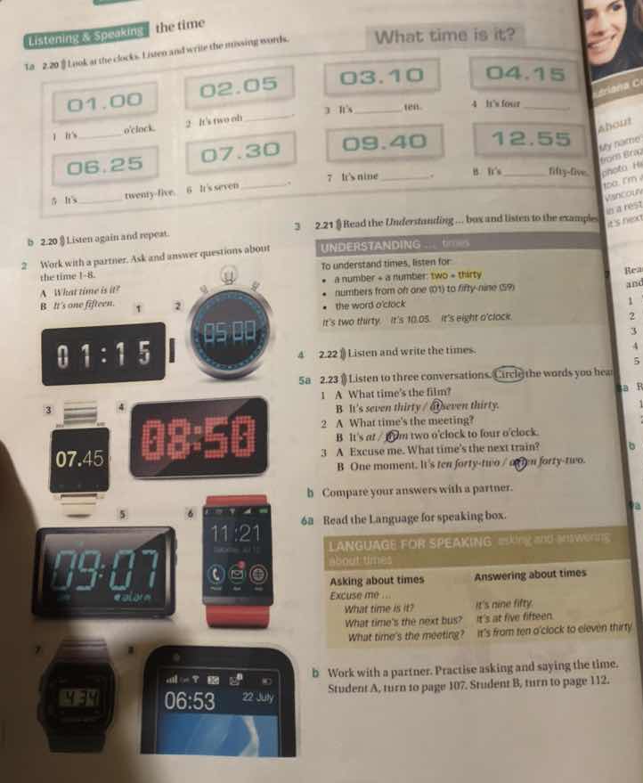 listening & speaking the time 1a 2.20 listen at the clocks. listen and …