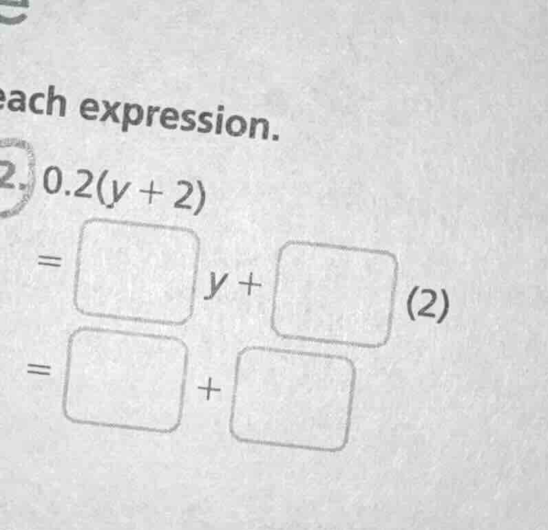 each expression. 2. $0.2(y + 2)$ $=\\square y + \\square (2)$ $=\\squar…