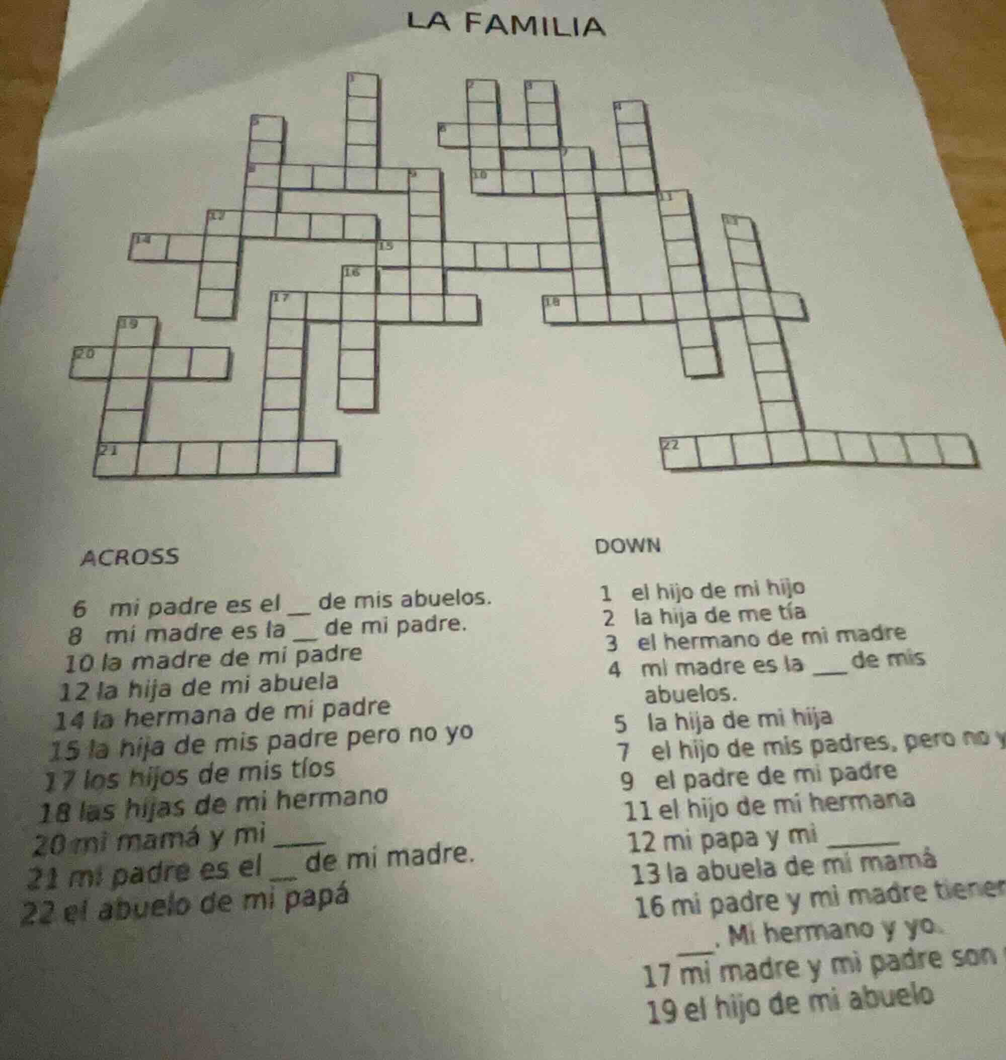 la familia across 6 mi padre es el __ de mis abuelos. 8 mi madre es la …