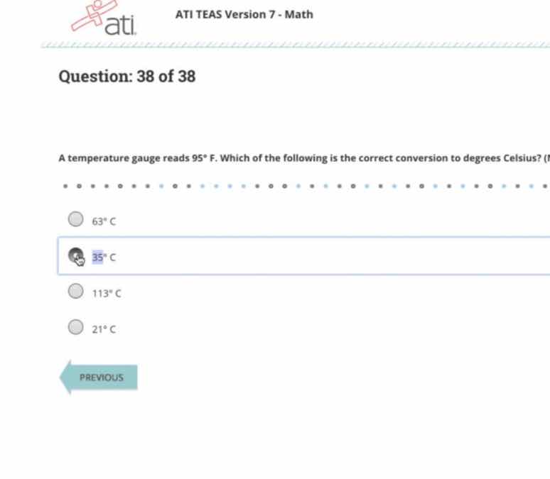 ati teas version 7 - math question: 38 of 38 a temperature gauge reads …