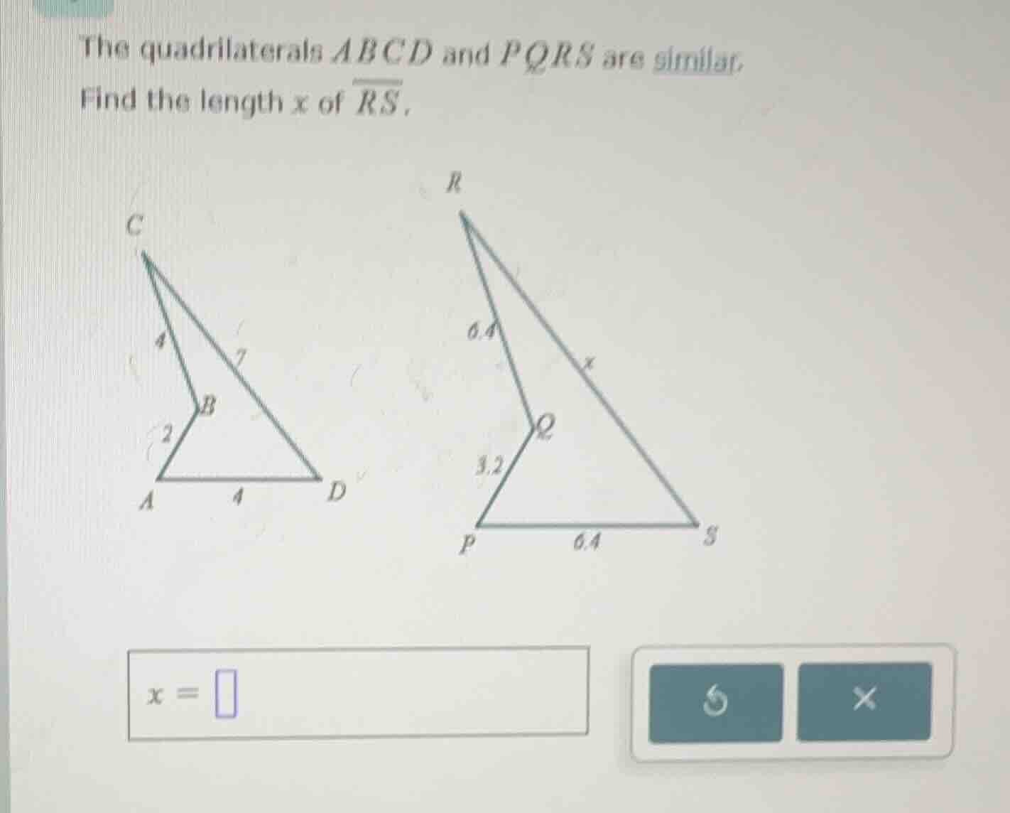 the quadrilaterals (abcd) and (pqrs) are similar. find the length (x) o…