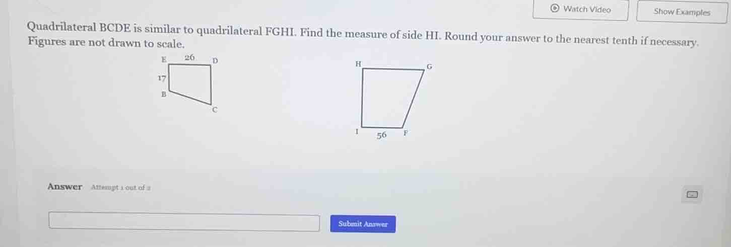 quadrilateral bcde is similar to quadrilateral fghi. find the measure o…
