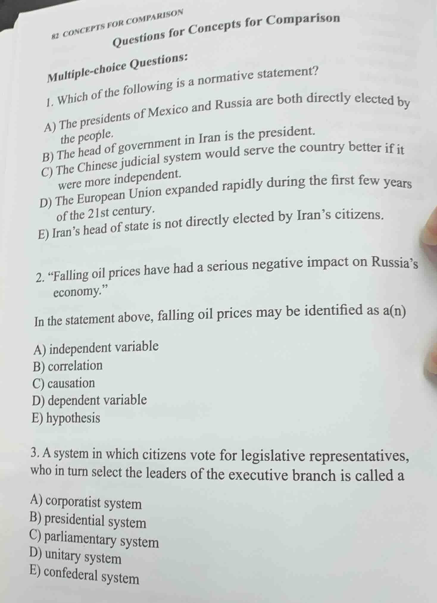 questions for concepts for comparison multiple - choice questions: 1. w…