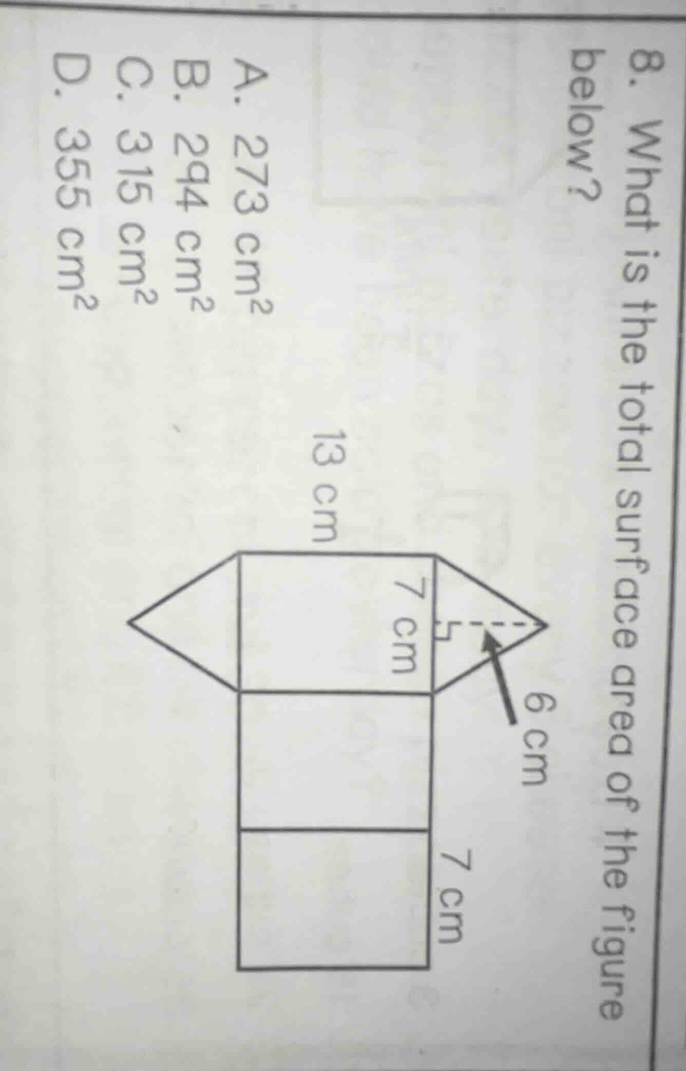 8. what is the total surface area of the figure below? a. 273 cm² b. 29…