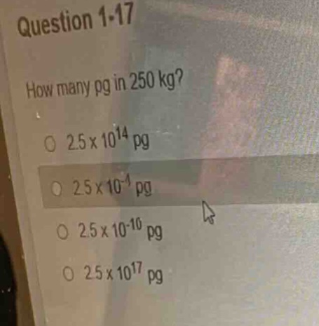question 1-17 how many pg in 250 kg? ○ 2.5×10¹⁴ pg ○ 2.5×10⁻⁴ pg ○ 2.5×…