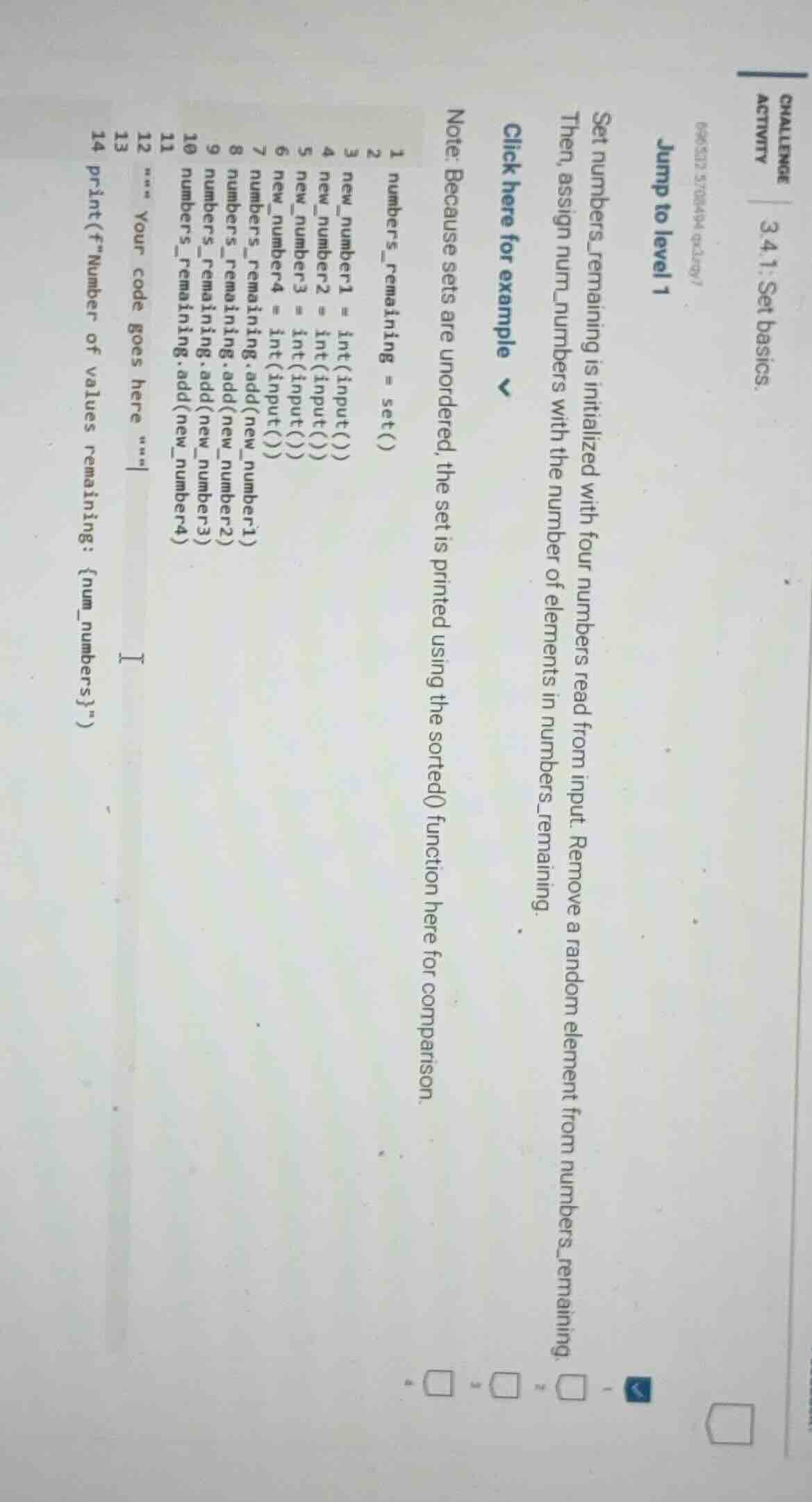 challenge activity 3.4.1: set basics. (896312.57084946297) jump to leve…