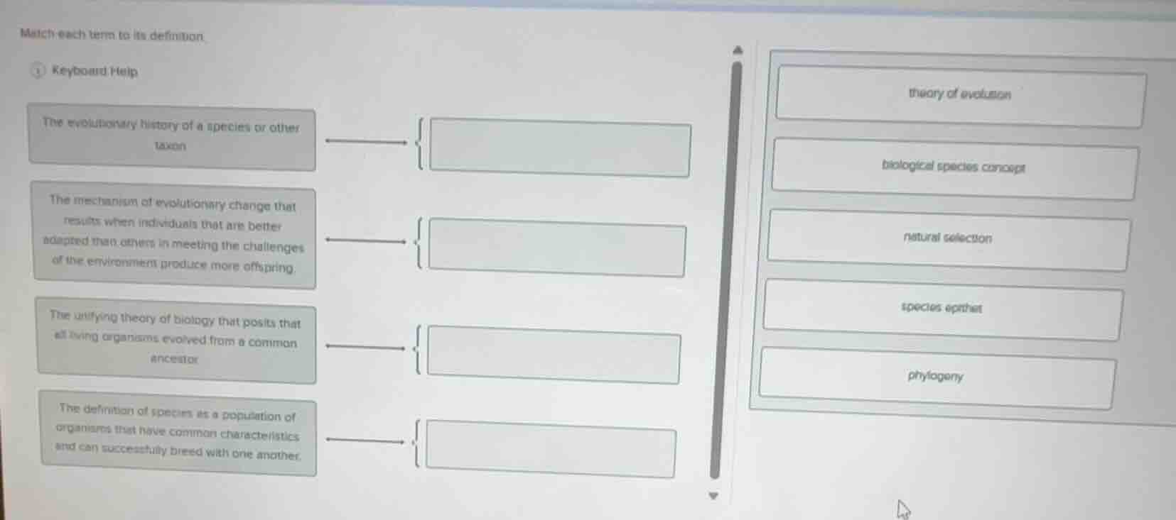 match each term to its definition. keyboard help the evolutionary histo…