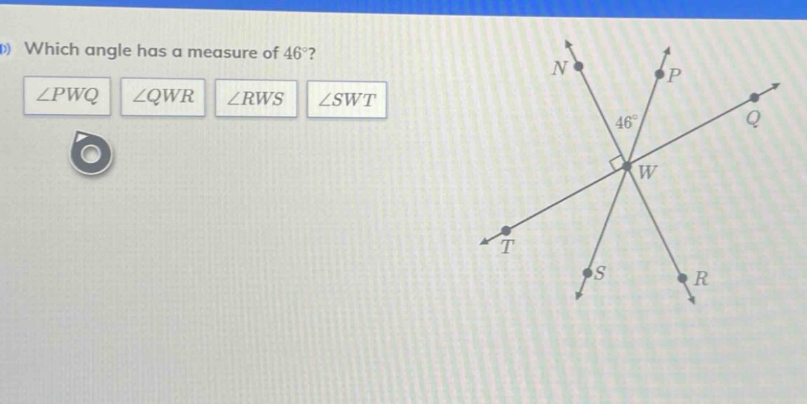 which angle has a measure of 46°? ∠pwq ∠qwr ∠rws ∠swt