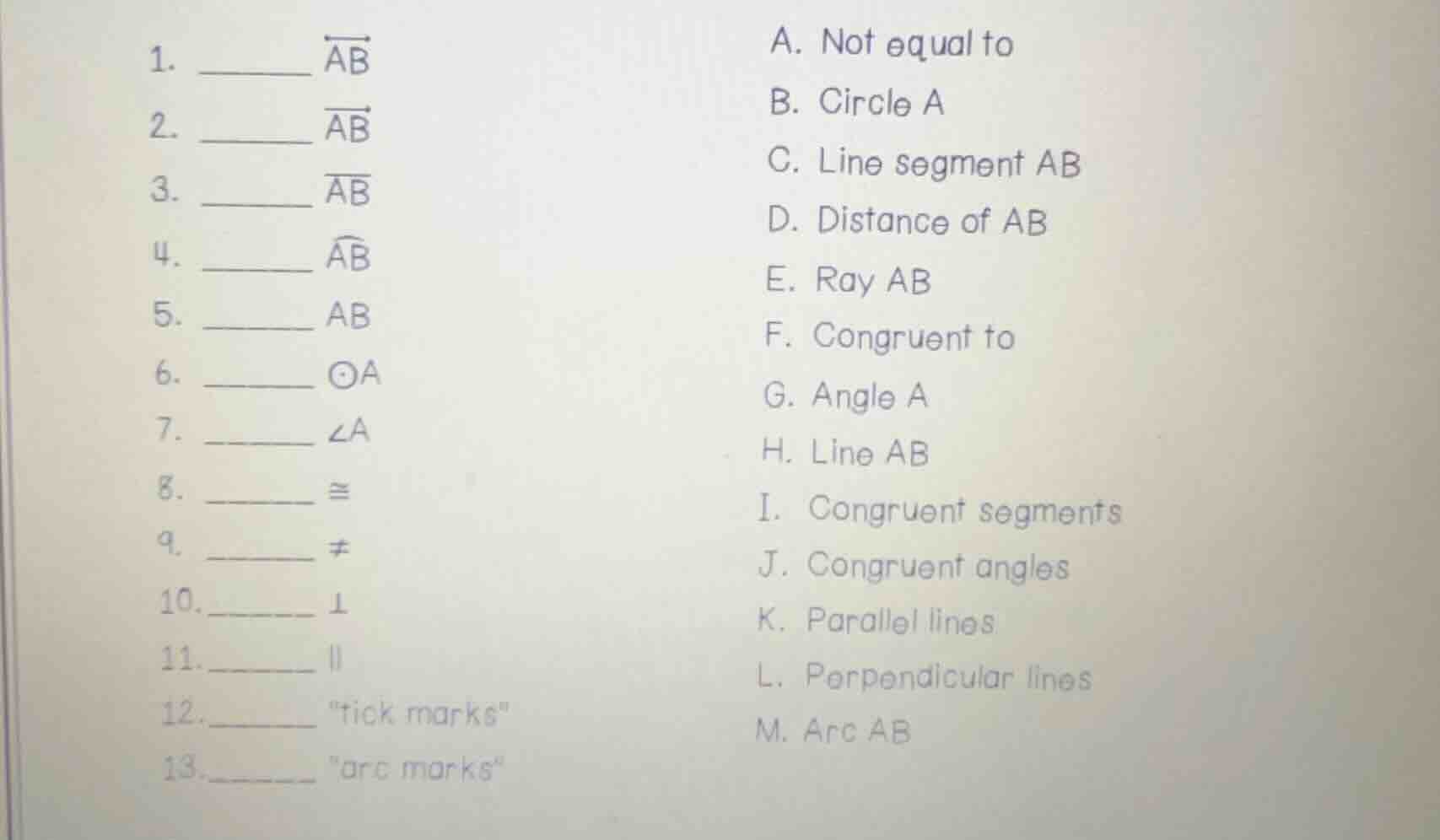 1. ______ \\(\\overleftrightarrow{ab}\\)\ 2. ______ \\(\\overrightarrow…