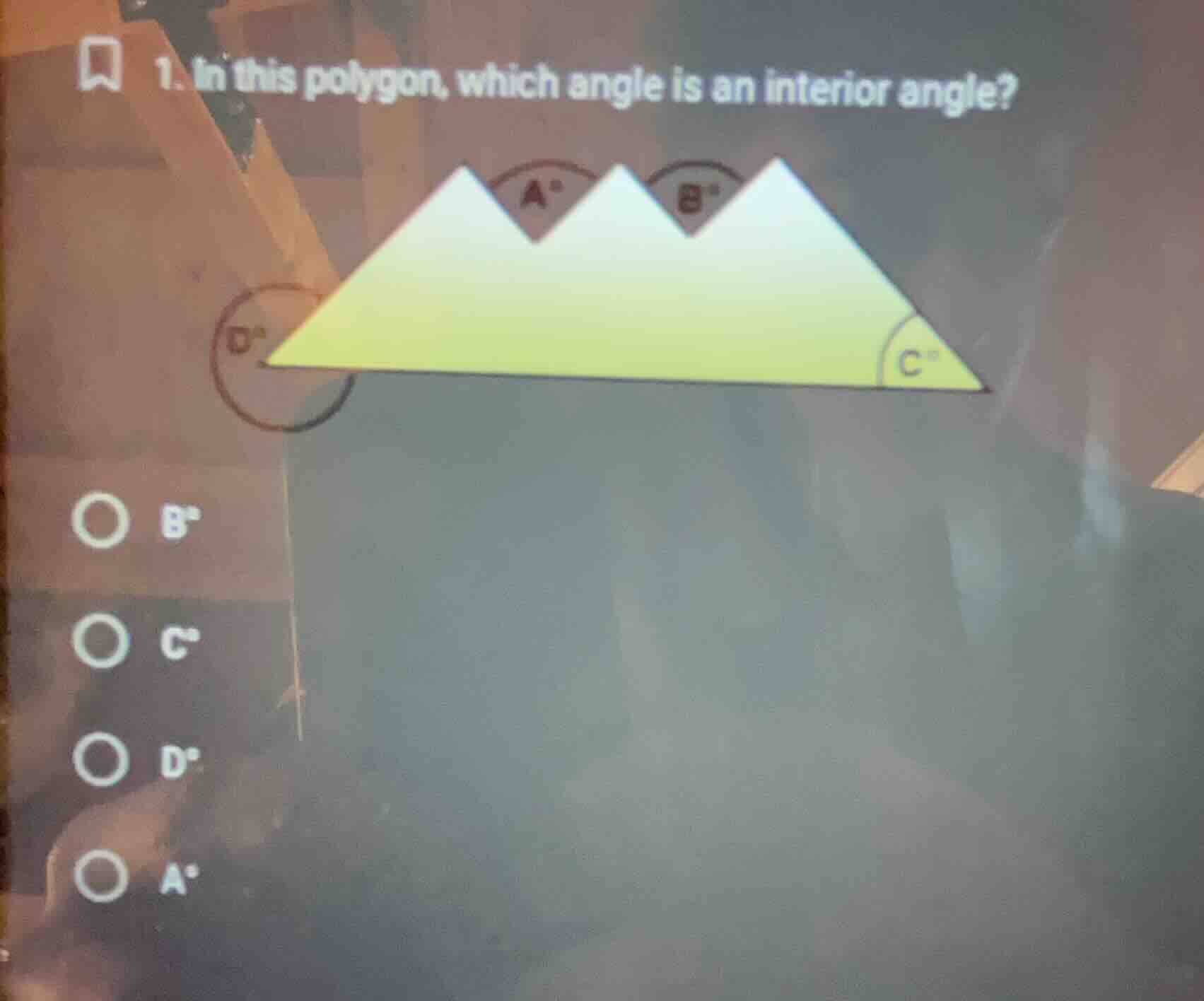 1. in this polygon, which angle is an interior angle? options: b°, c°, …