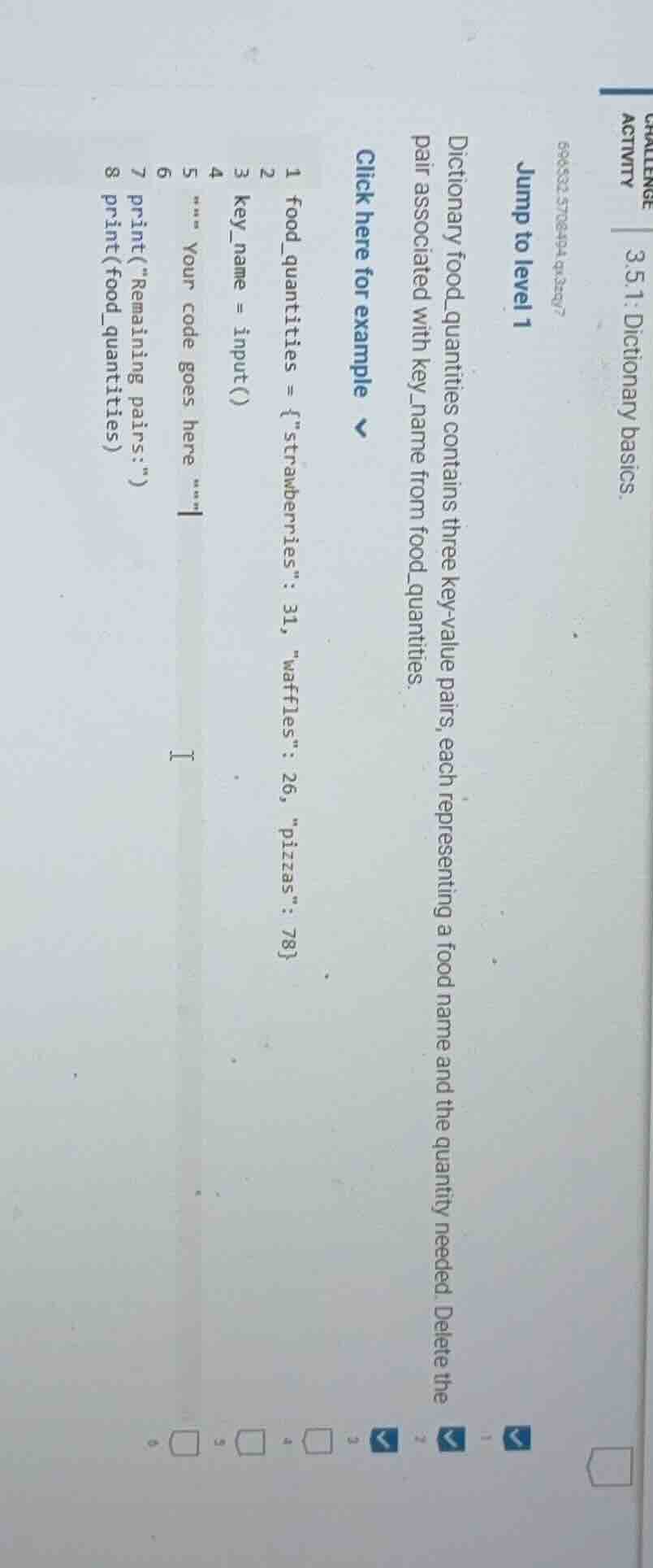 challenge activity 3.5.1: dictionary basics. jump to level 1 696352.578…