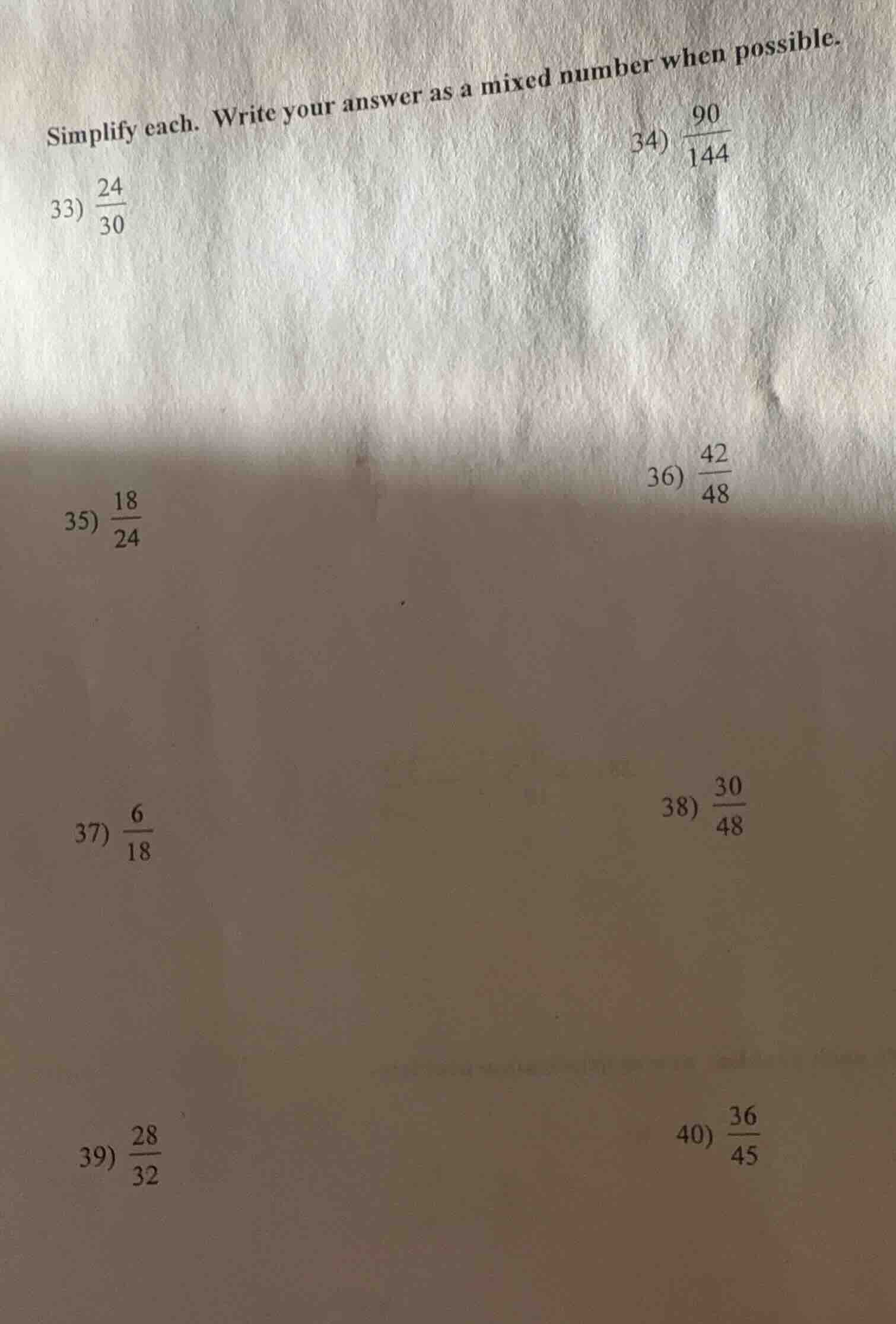 simplify each. write your answer as a mixed number when possible. 33) $…