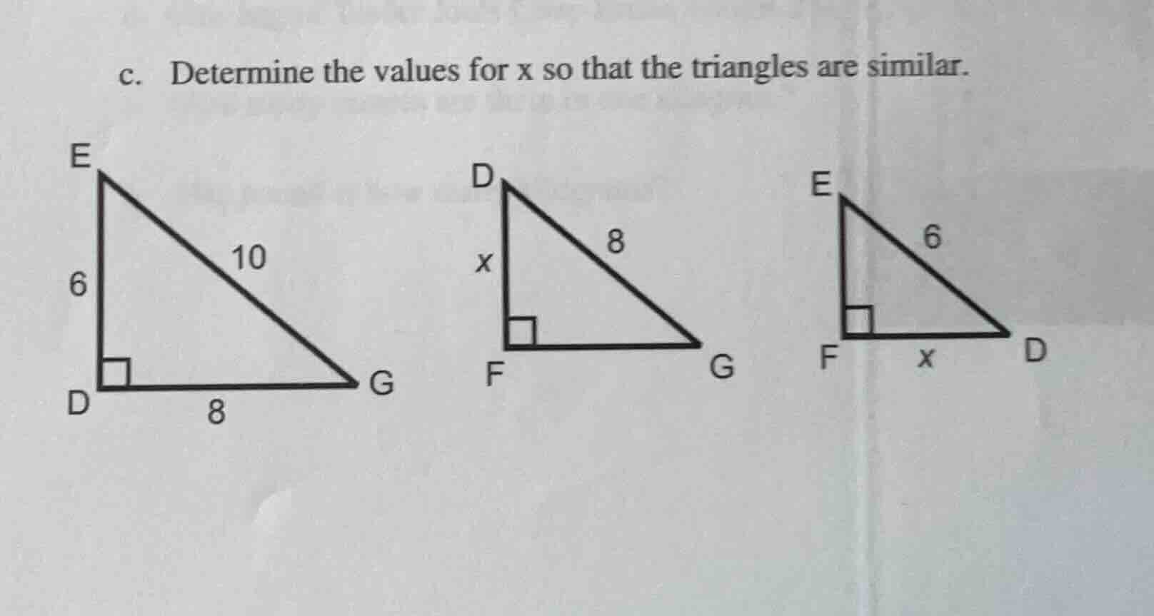 c. determine the values for x so that the triangles are similar.