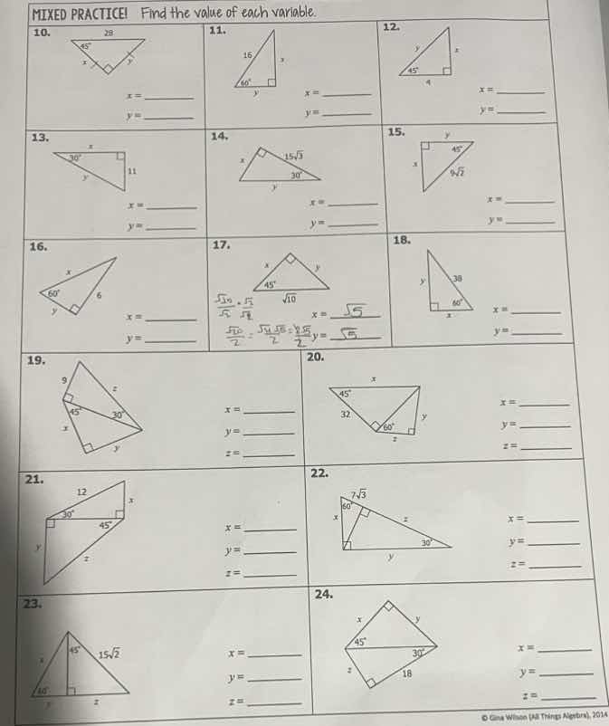 mixed practice find the value of each variable. 10. x = ______ y = ____…