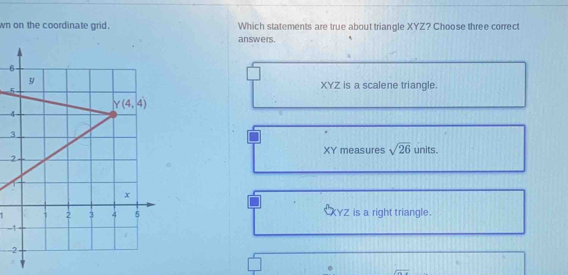 wn on the coordinate grid. which statements are true about triangle xyz…