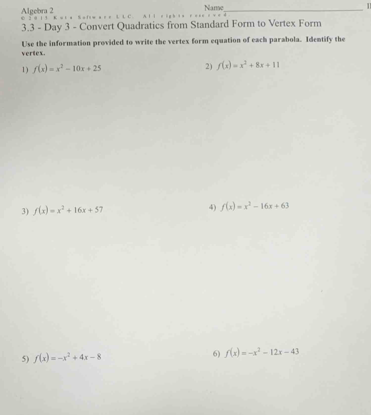 algebra 2 name © 2015 kuta software llc. all rights reserved. 3.3 - day…