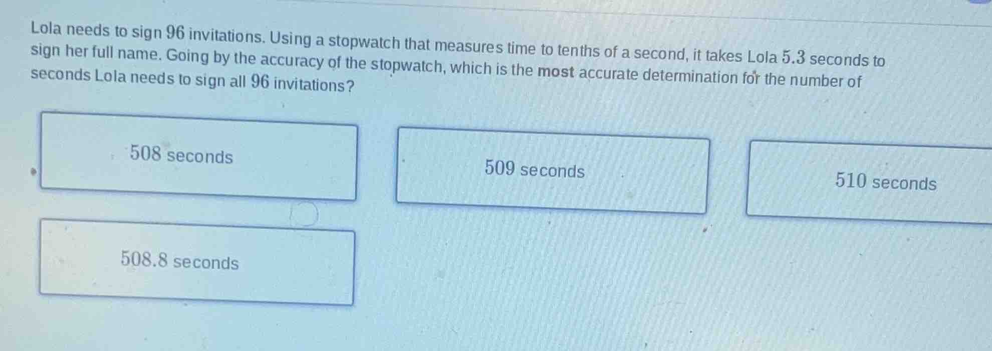 lola needs to sign 96 invitations. using a stopwatch that measures time…