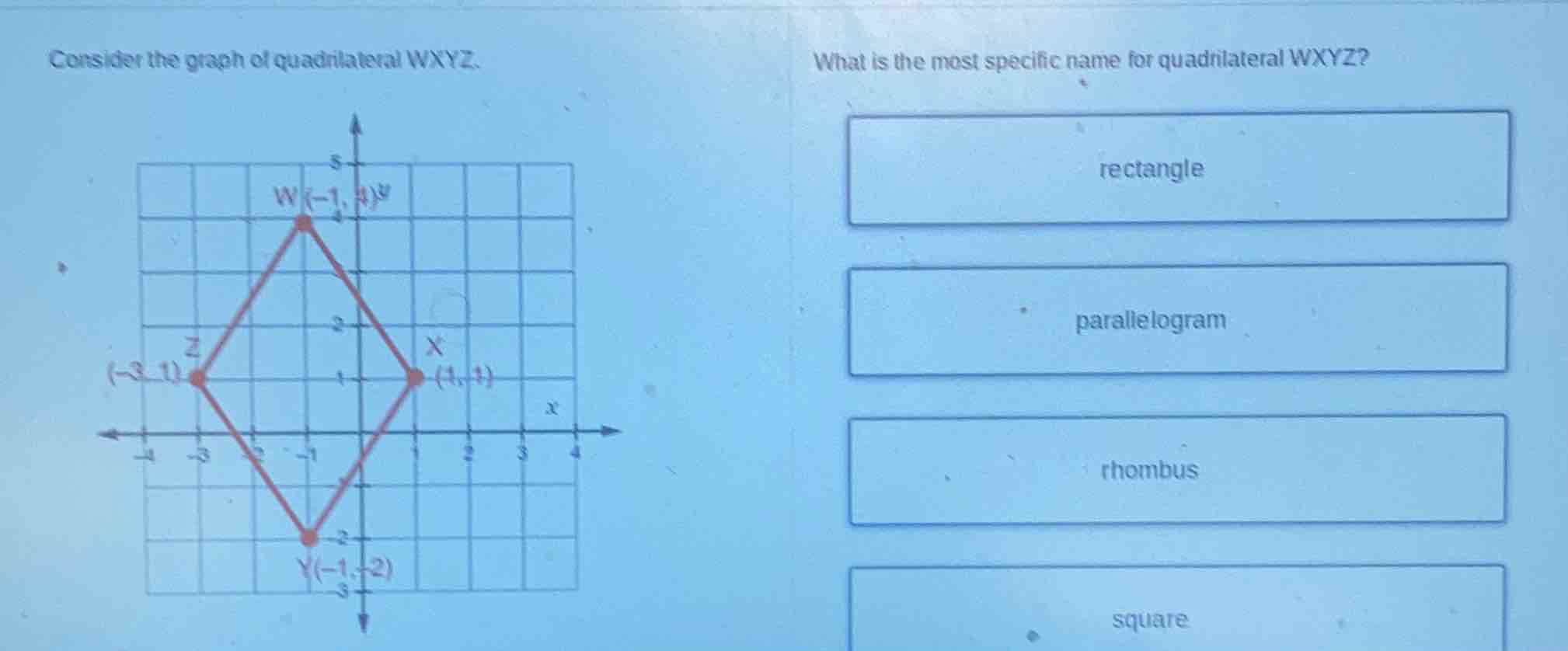 consider the graph of quadrilateral wxyz. what is the most specific nam…