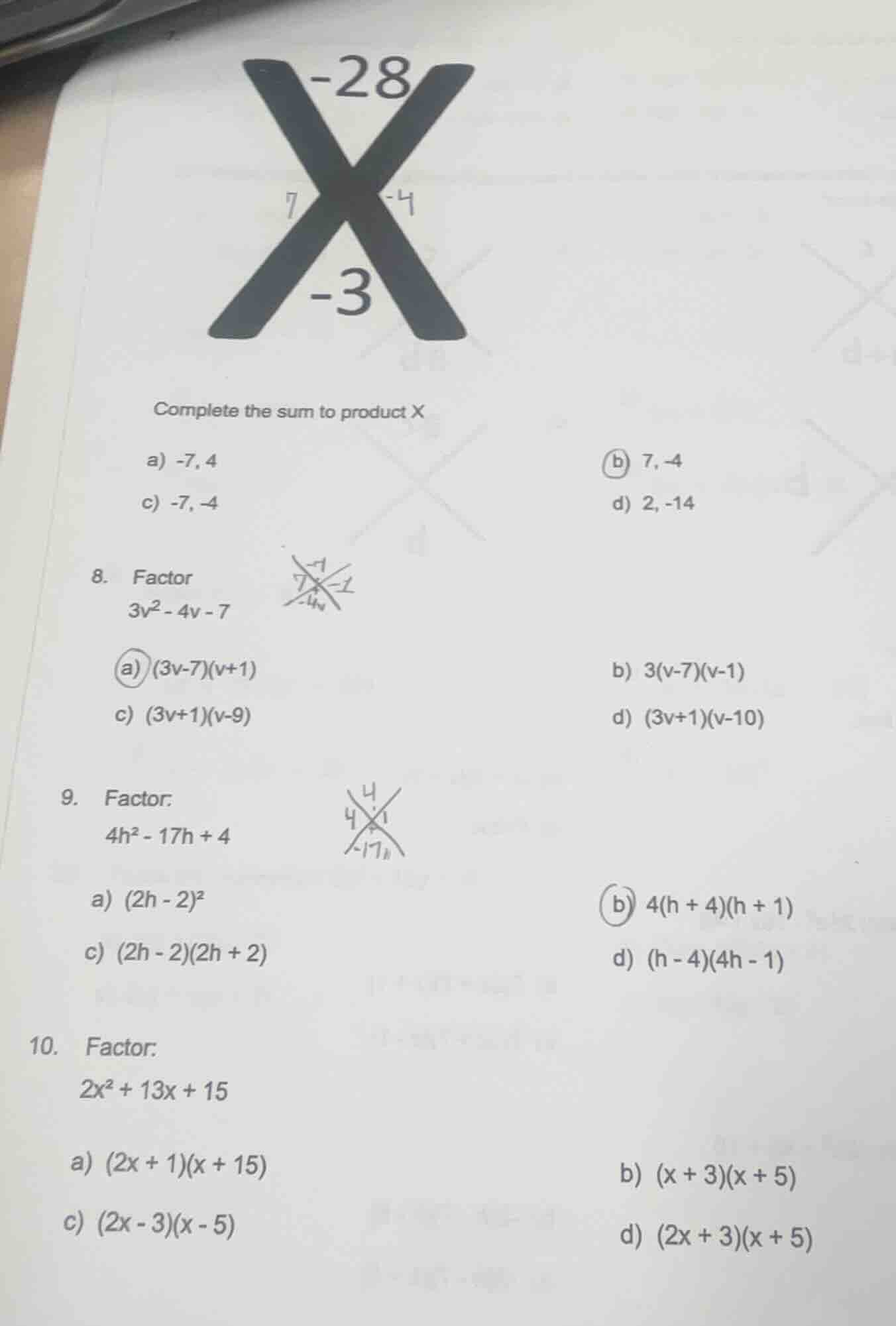 complete the sum to product x a) -7, 4 \t\t\t\tb) 7, -4 c) -7, -4 \t\t\…
