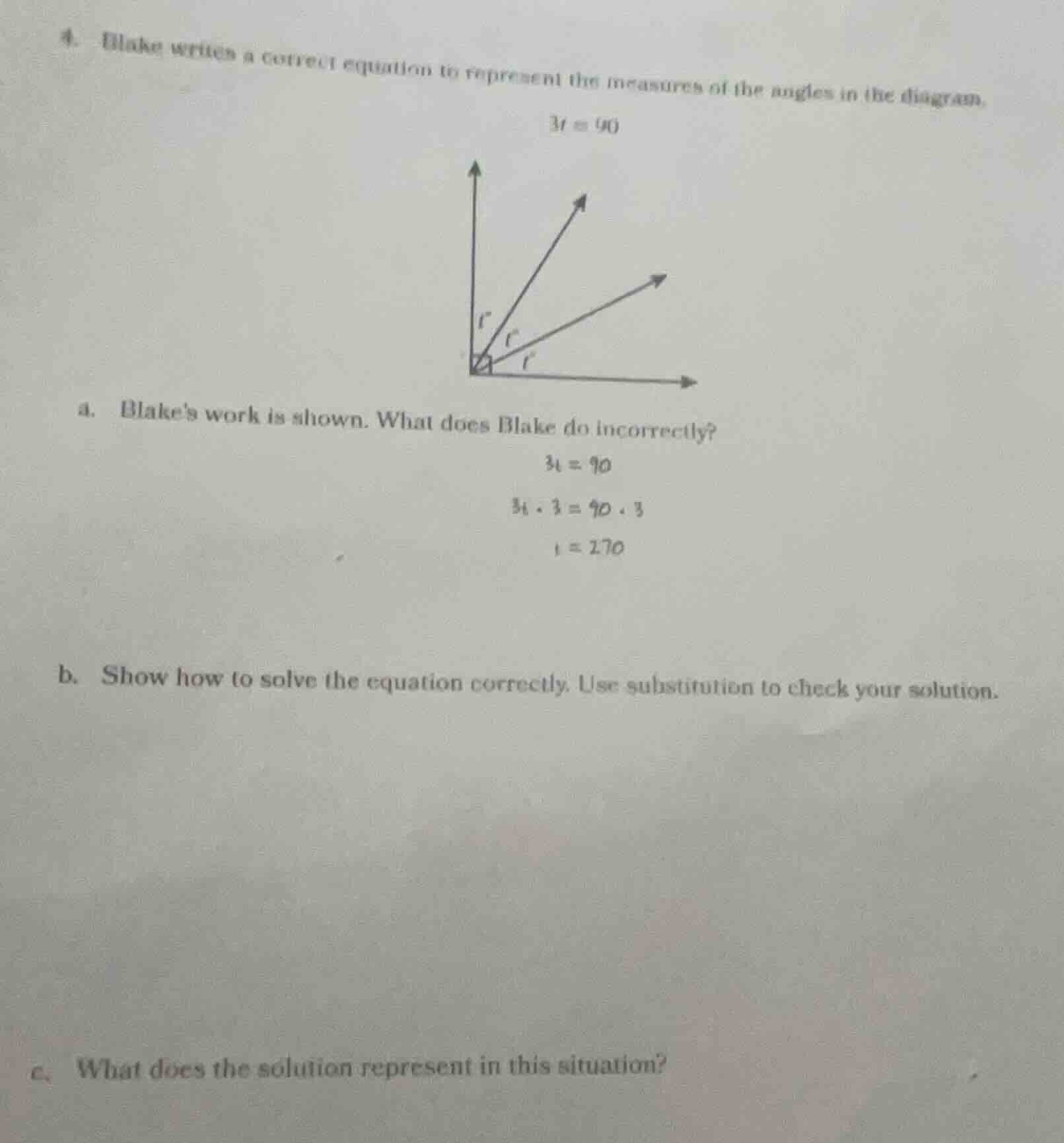 4. blake writes a correct equation to represent the measures of the ang…