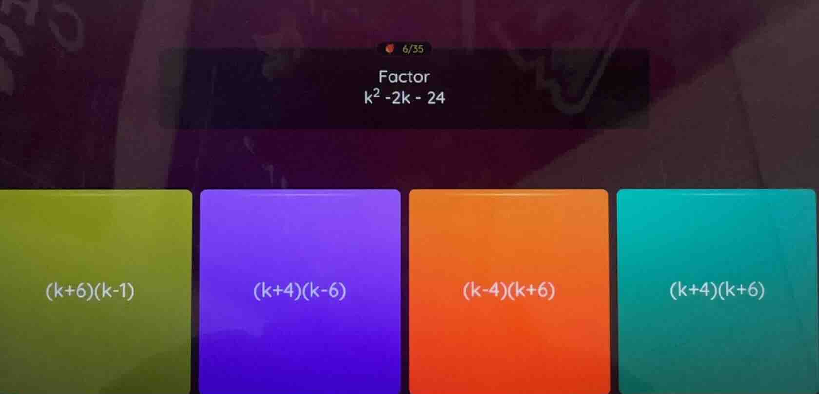 factor\ k² - 2k - 24\ (k+6)(k-1)\ (k+4)(k-6)\ (k-4)(k+6)\ (k+4)(k+6)