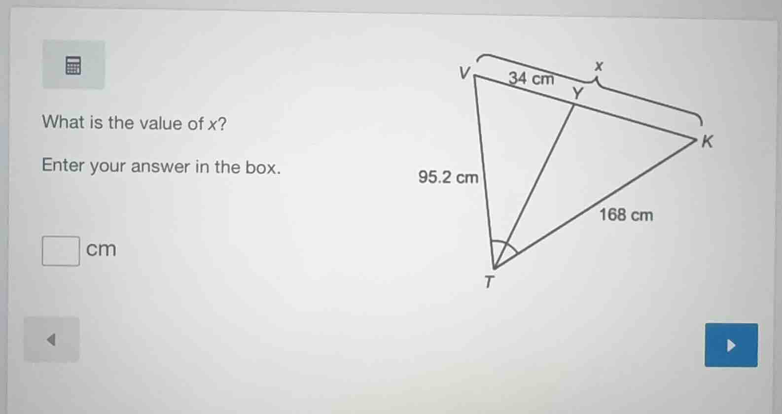 what is the value of x? enter your answer in the box. □ cm