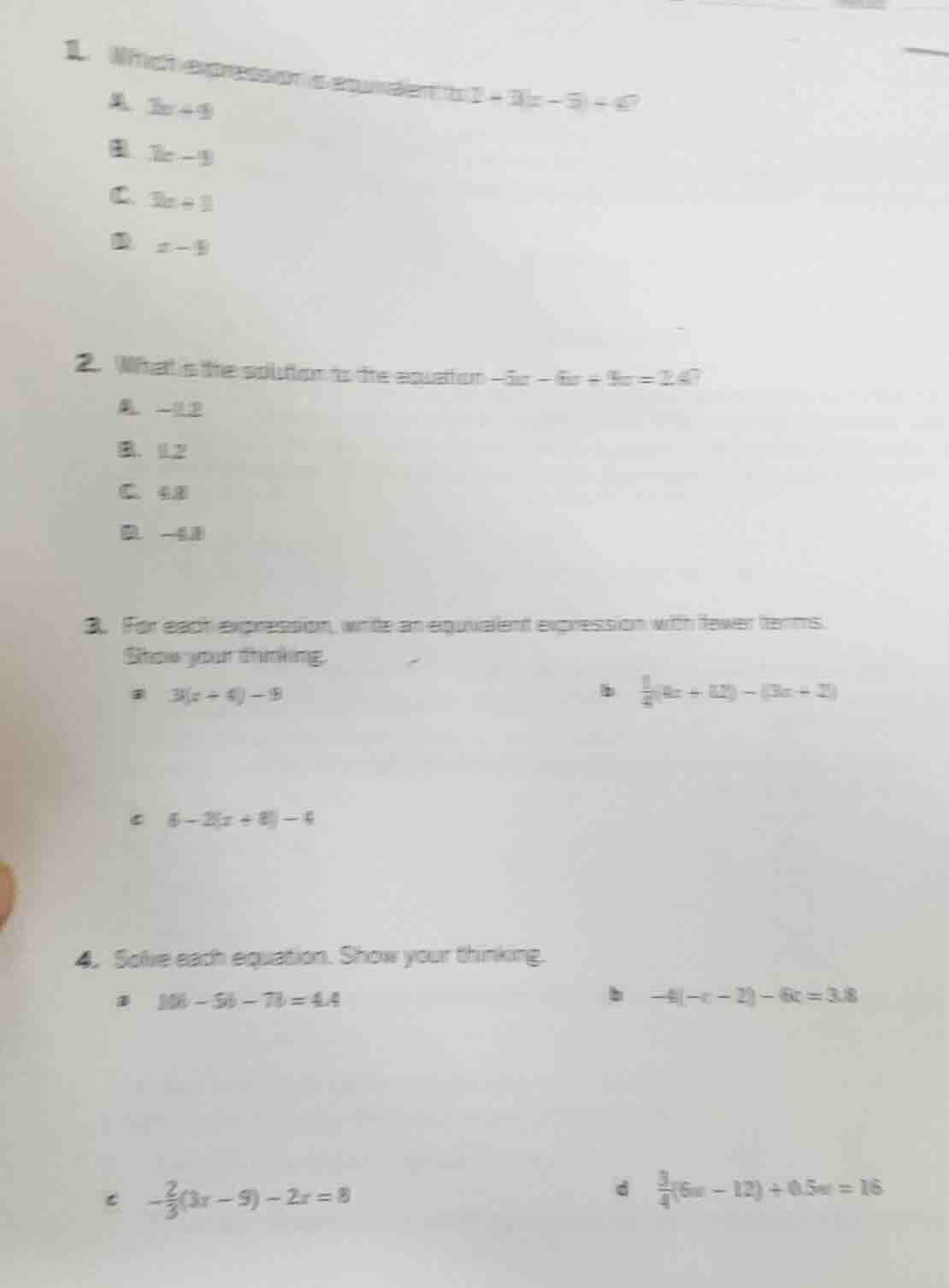 1. which expression is equivalent to (2 + 3(x - 5)+4)? a. (3x + 9) b. (…