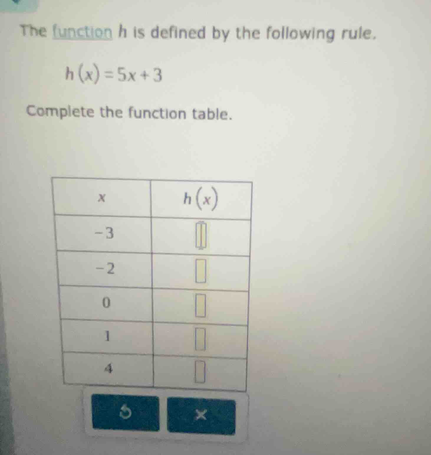 the function h is defined by the following rule. h(x)=5x+3 complete the…