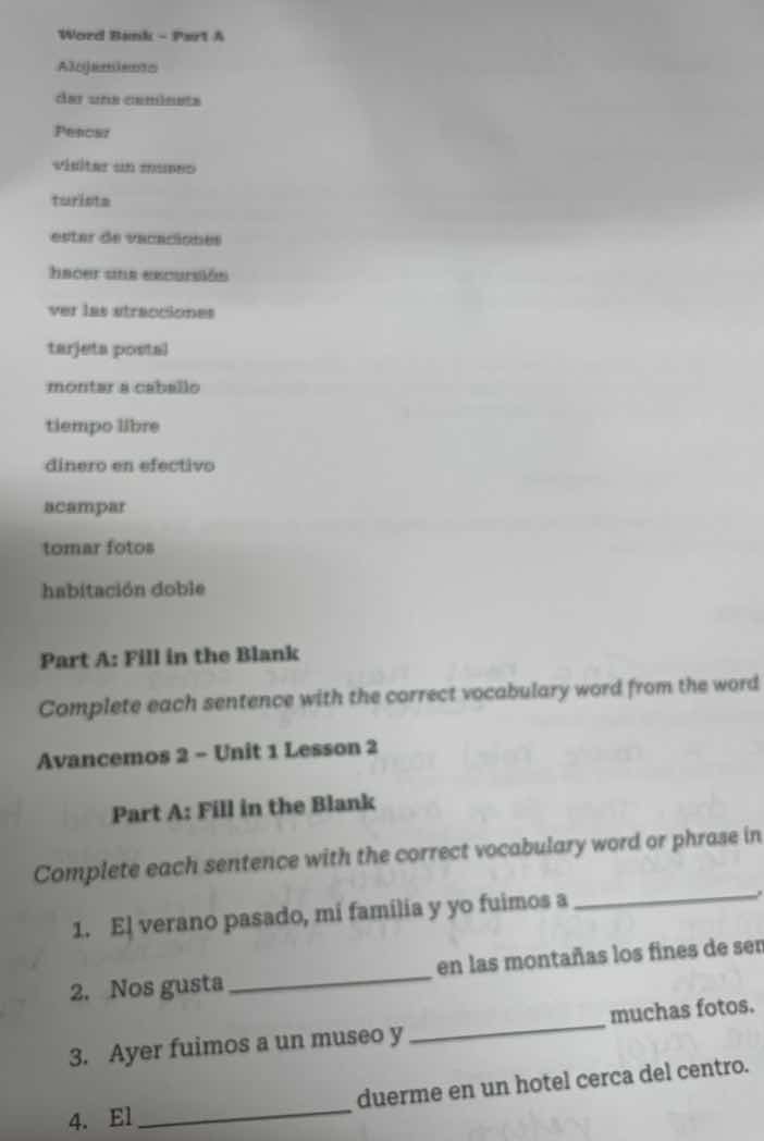 word bank - part a alojamiento dar una caminata pensar visitar un museo…
