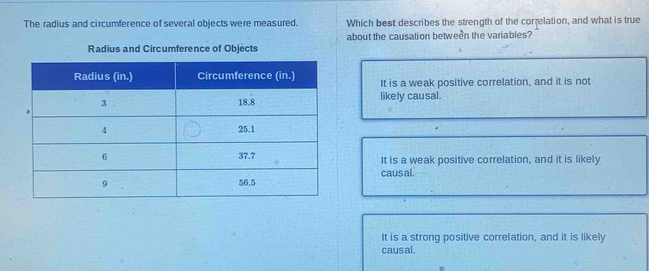 the radius and circumference of several objects were measured. radius a…