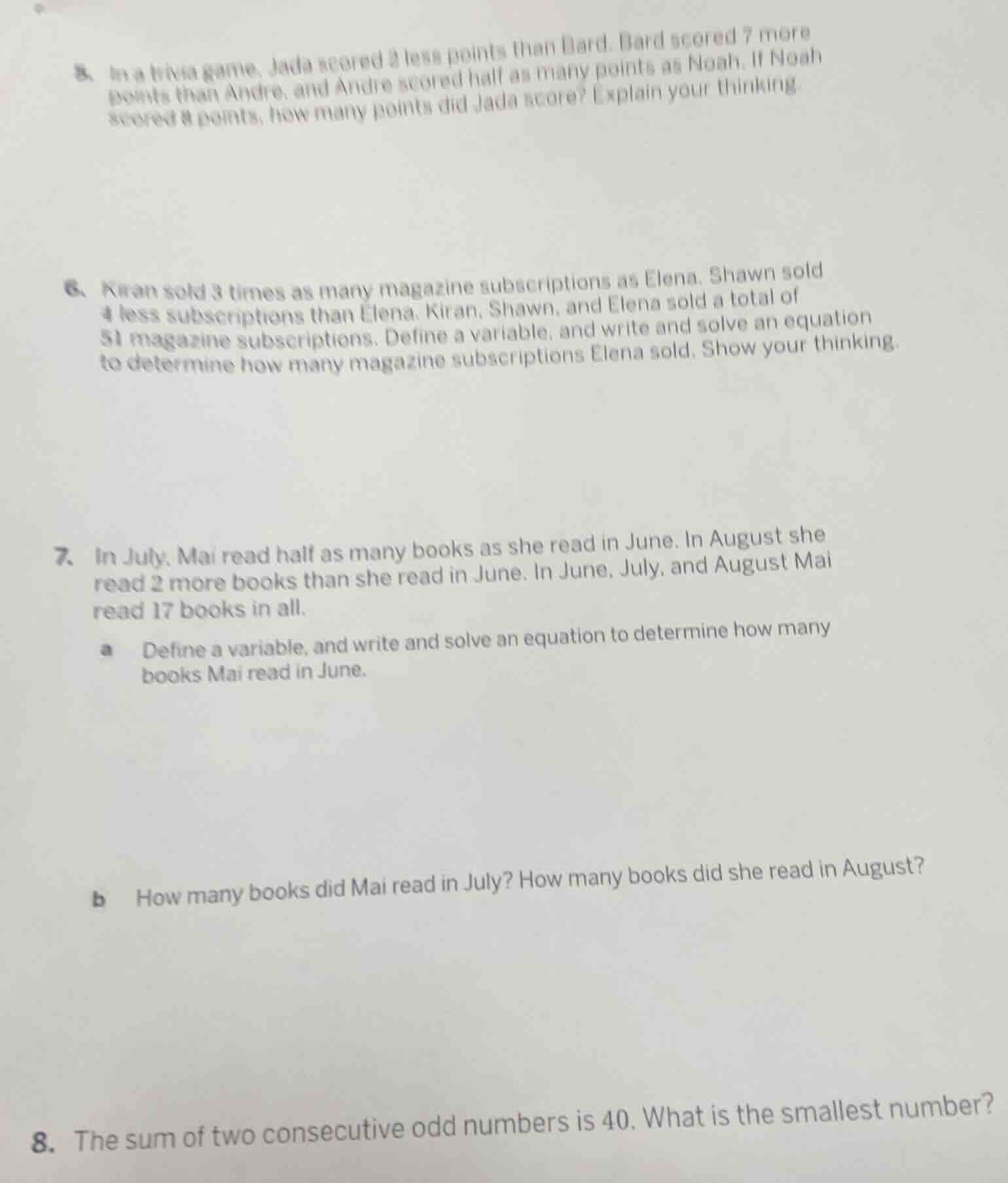 5. in a trivia game, jada scored 2 less points than bard. bard scored 7…
