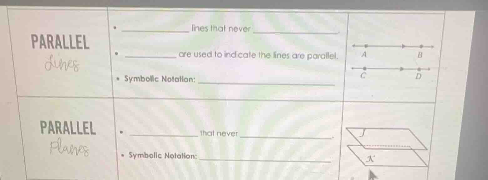 parallel lines - ________ lines that never ________. - ________ are use…