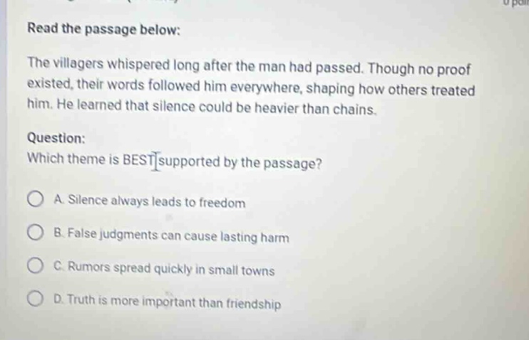 read the passage below: the villagers whispered long after the man had …