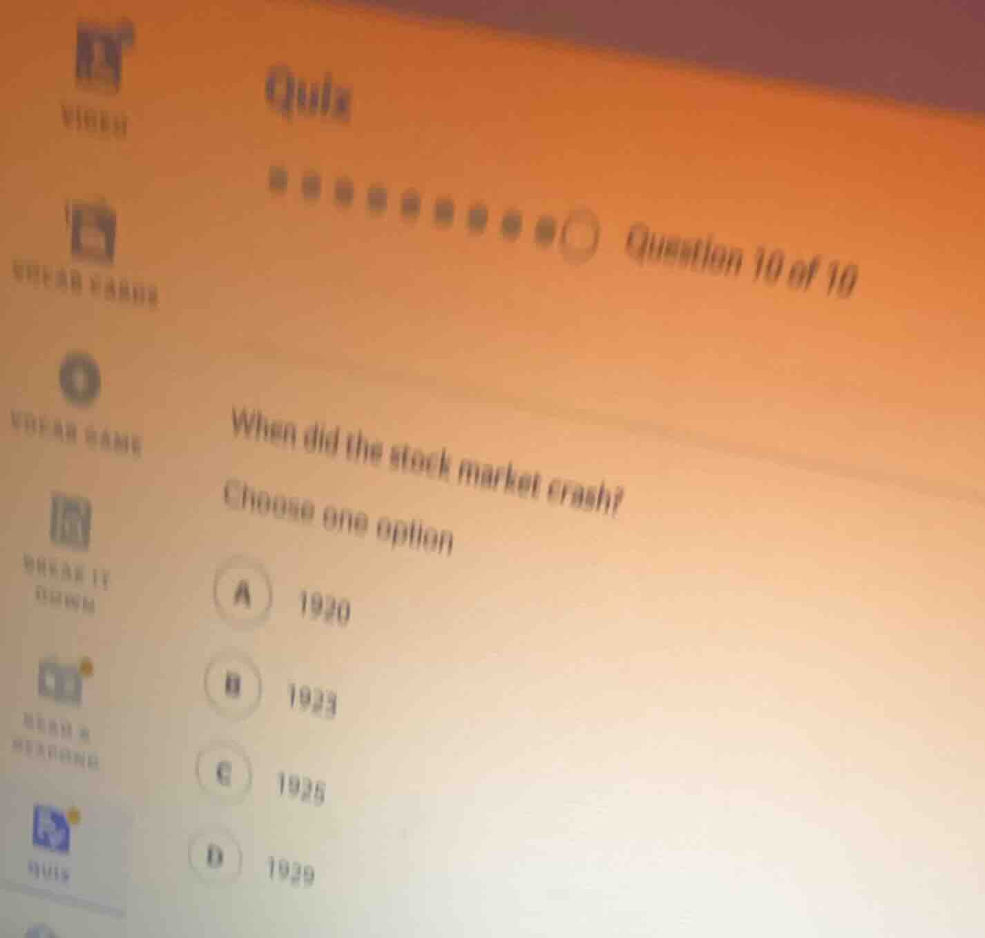 quiz question 10 of 10 when did the stock market crash? choose one opti…