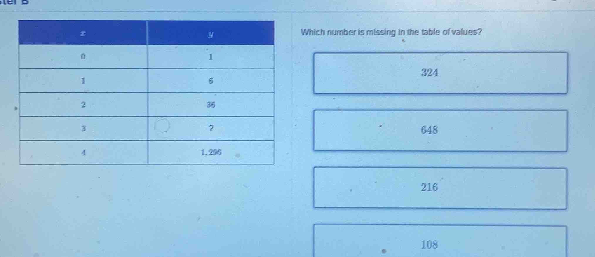 which number is missing in the table of values? x | y 0 | 1 1 | 6 2 | 3…