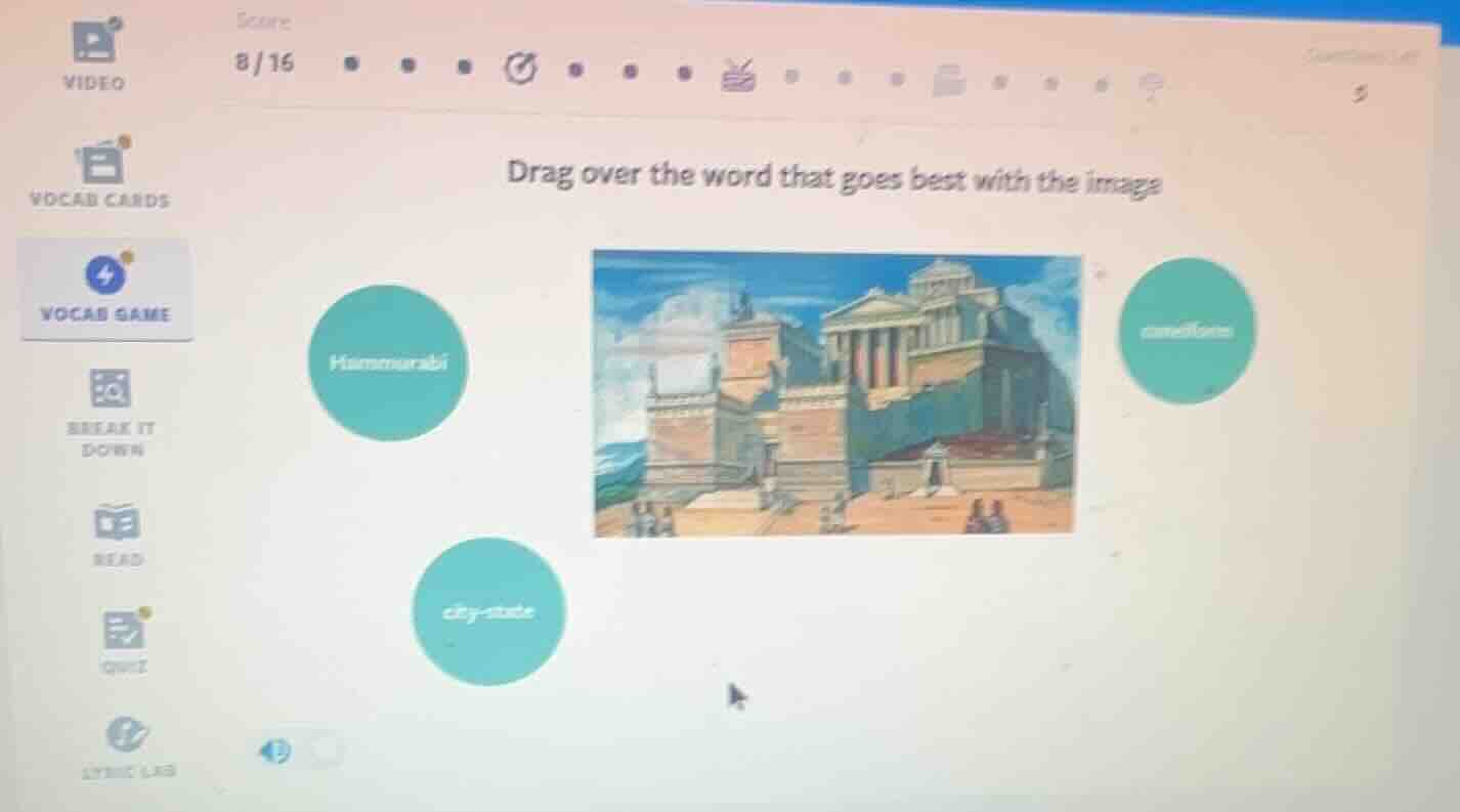 drag over the word that goes best with the image hammurabi city - state…