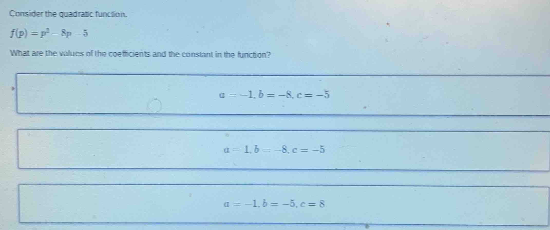 consider the quadratic function.\\(f(p) = p^2 - 8p - 5\\)\ what are the…