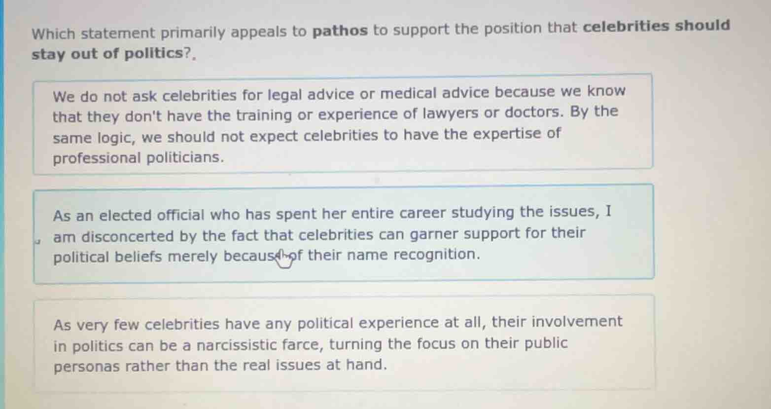 which statement primarily appeals to pathos to support the position tha…