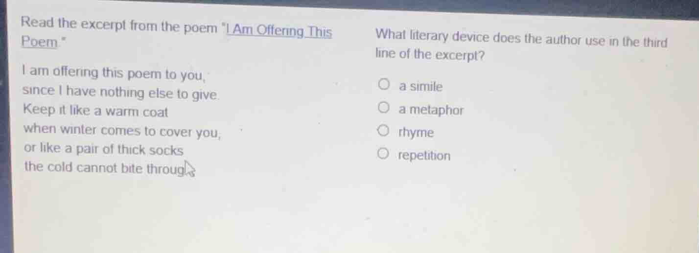 read the excerpt from the poem \i am offering this poem.\ i am offering…