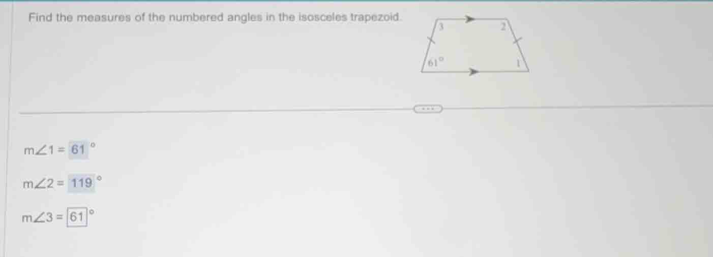 find the measures of the numbered angles in the isosceles trapezoid. m∠…
