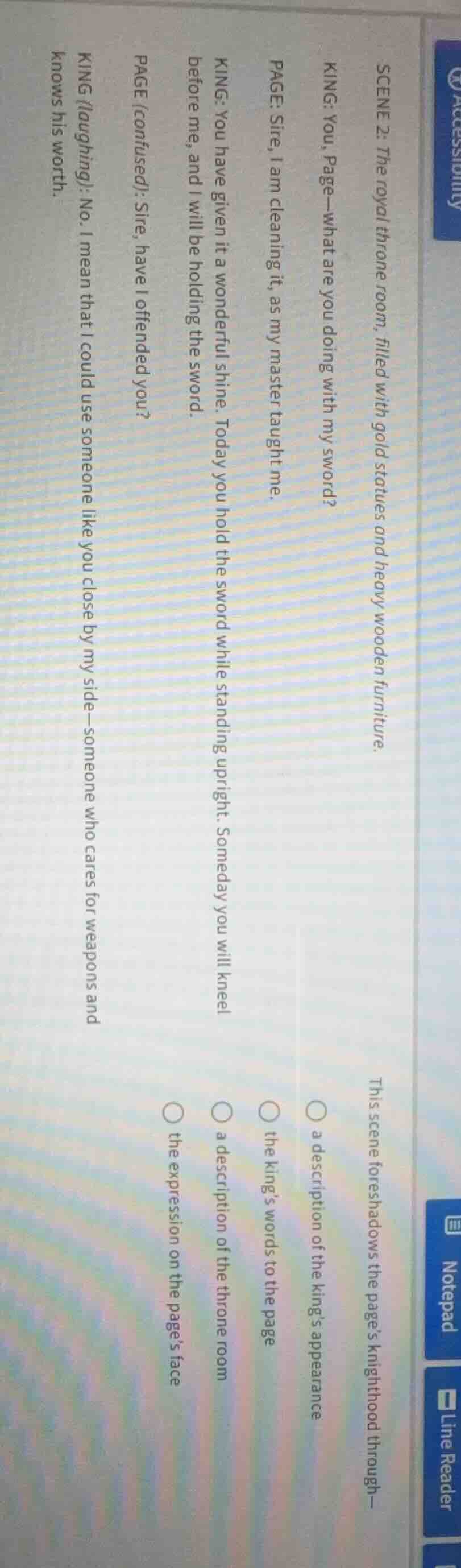 scene 2: the royal throne room: filled with gold statues and heavy wood…