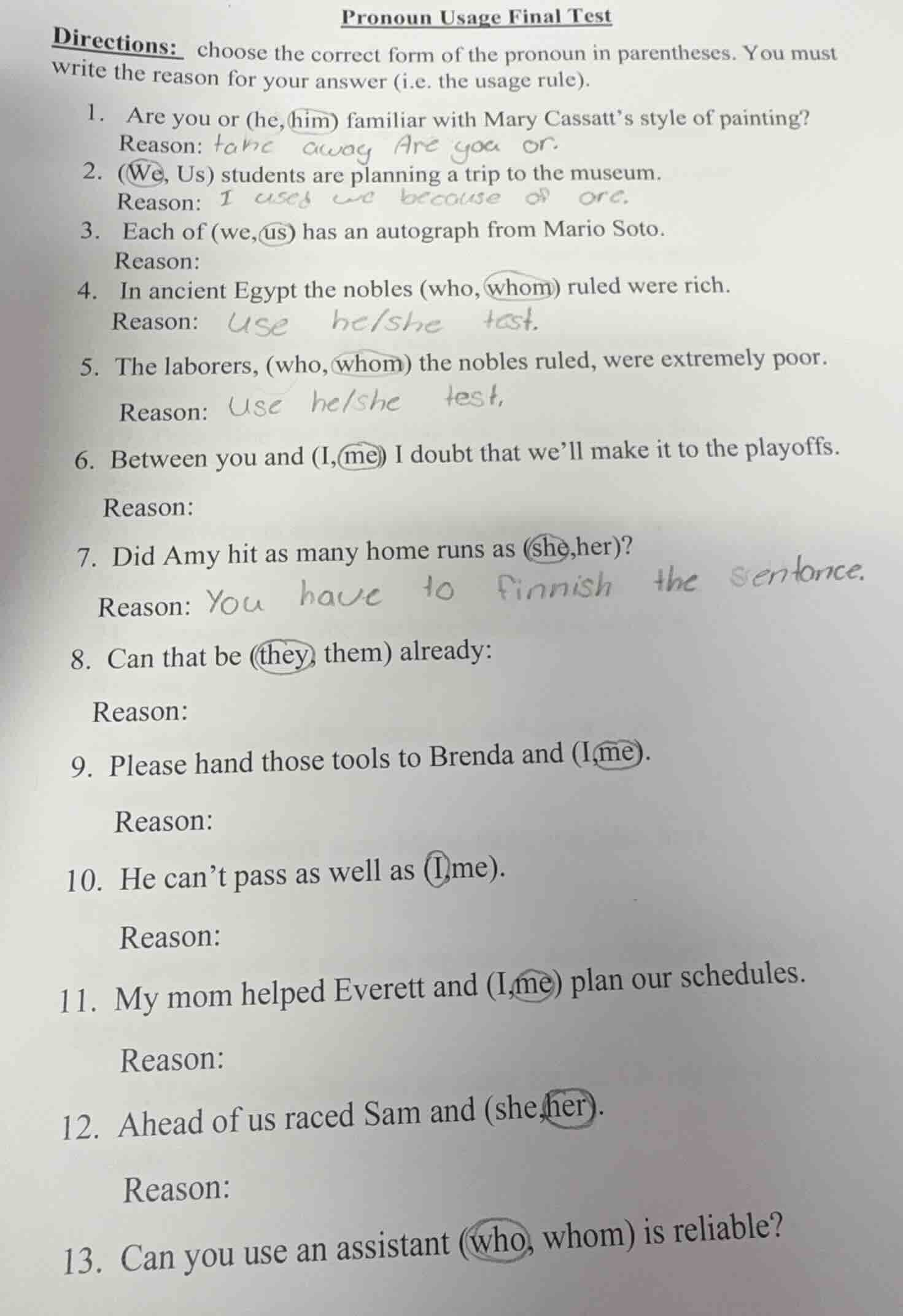 pronoun usage final test directions: choose the correct form of the pro…