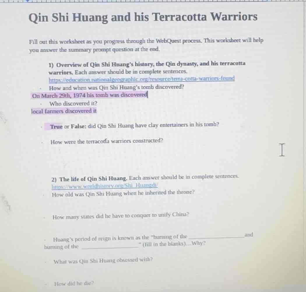 qin shi huang and his terracotta warriors fill out this worksheet as yo…