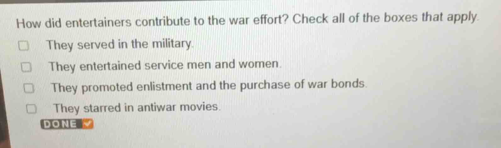 how did entertainers contribute to the war effort? check all of the box…