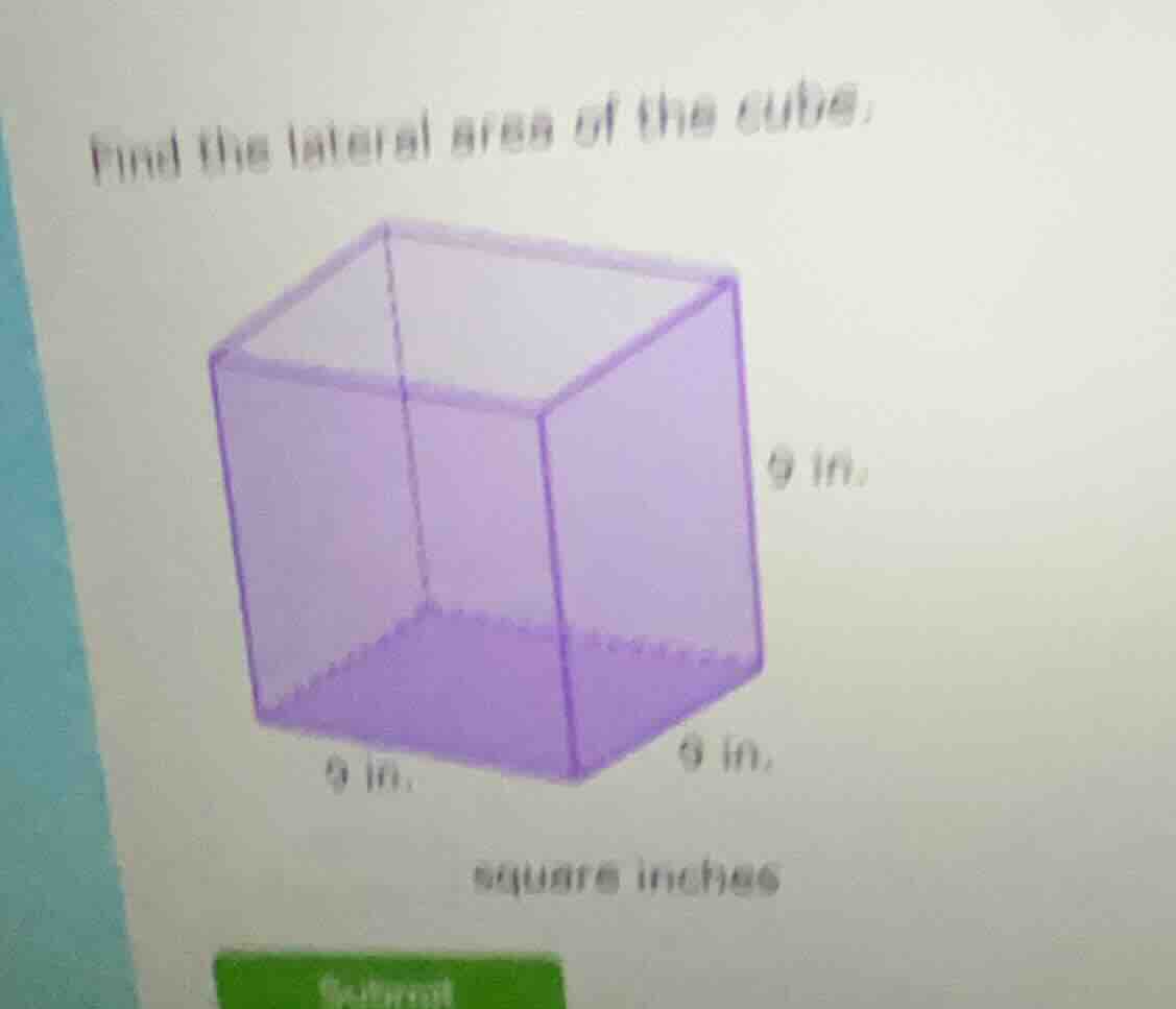 find the lateral area of the cube. 9 in. 9 in. 9 in. square inches