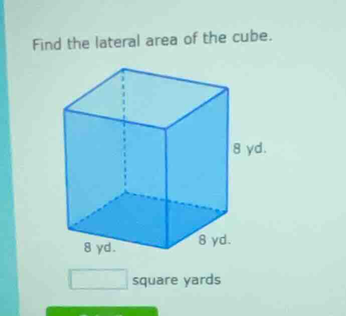find the lateral area of the cube. 8 yd. 8 yd. 8 yd. square yards