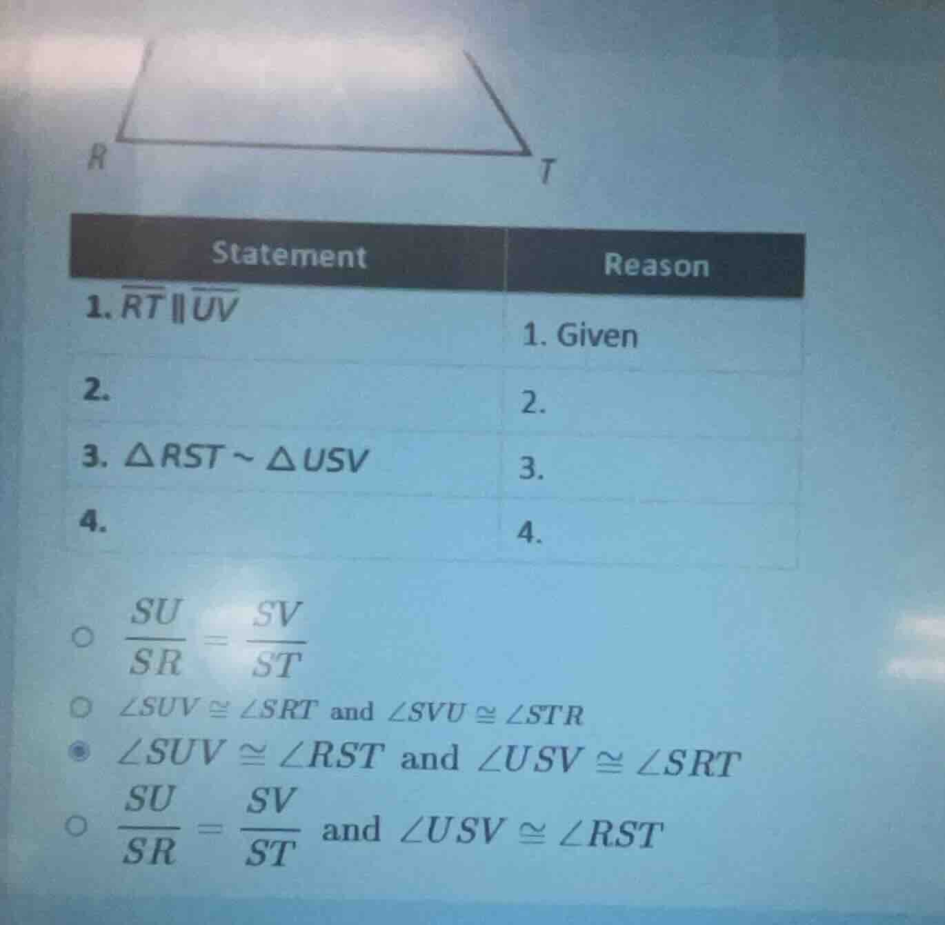 1. \\(overline{rt} parallel overline{uv}\\) 1. given\ 2. 2. \ 3. \\(\tr…