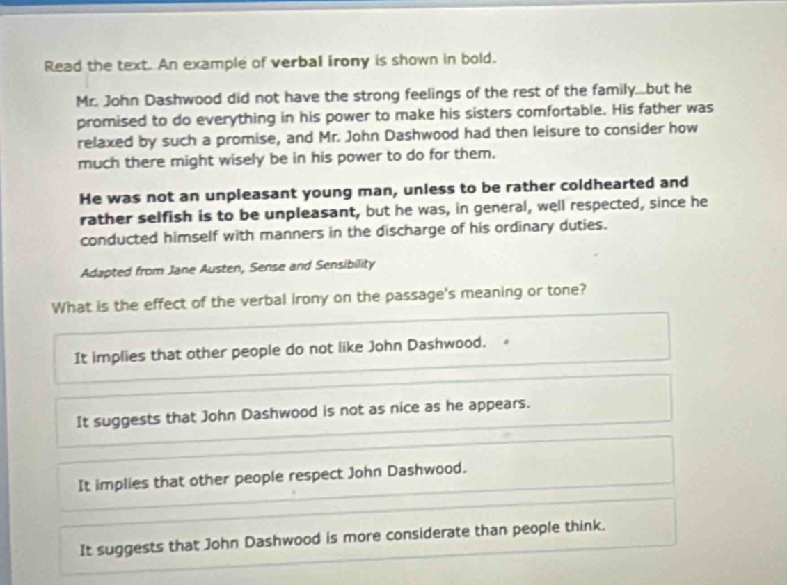 read the text. an example of verbal irony is shown in bold. mr. john da…