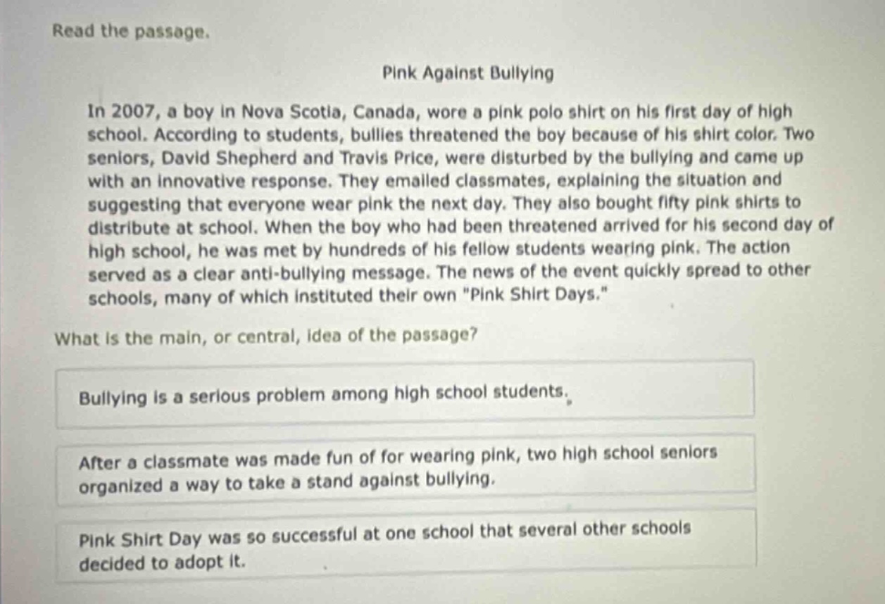 read the passage. pink against bullying in 2007, a boy in nova scotia, …