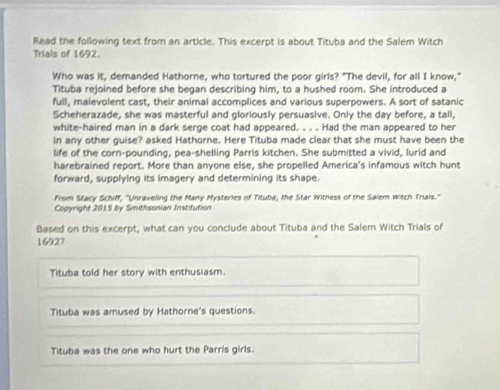read the following text from an article. this excerpt is about tituba a…
